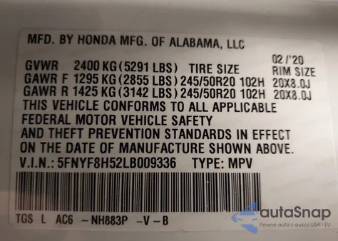 2020 Honda Passport Awd Ex-L z USA, uszkodzony, nr VIN 5FNYF8H52LB009336